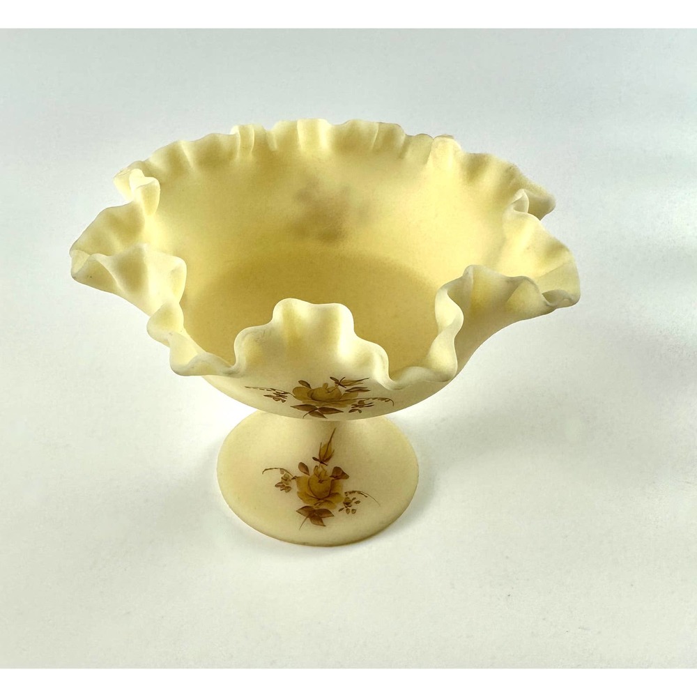 Vintage Signed Fenton Custard Glass Ruffled Crimped Compote Bowl Chocolate Roses - Picture 5 of 11